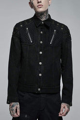 Black Punk Washed Aged Texture Rough Grain Splicing Mesh Metal Buttonholes Zipper Trim Long Sleeve Men's Coat